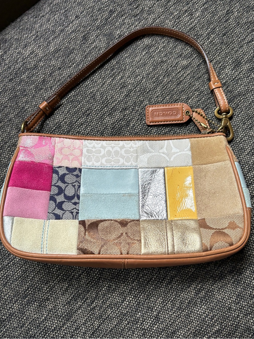 Coach Patchwork Leather & Fabric Wristlet in Brown, Pink, Blue, Yellow